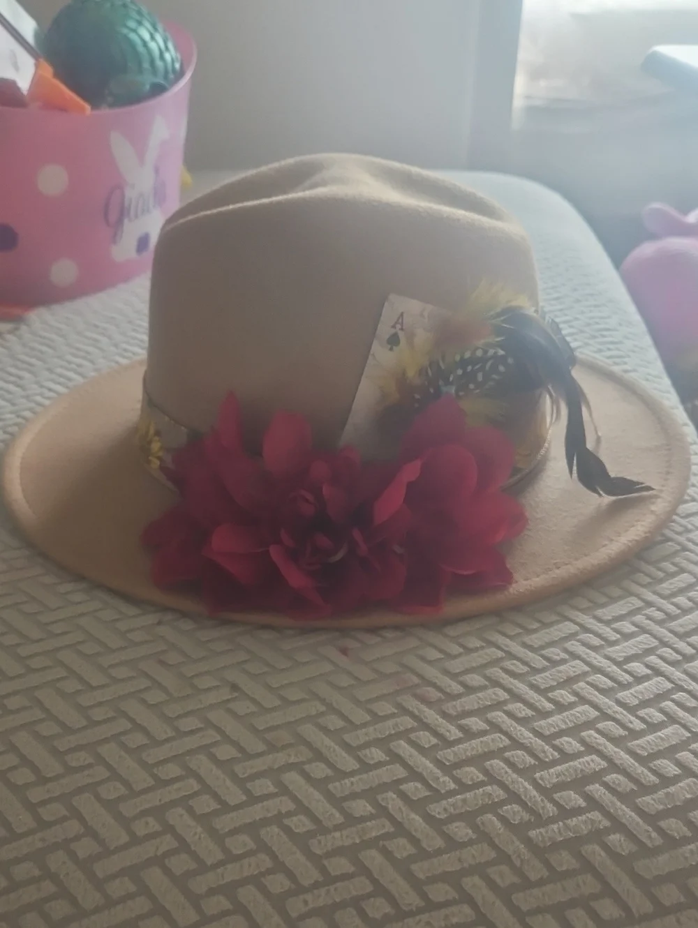 Womens Tan Felt Fedora with Red Flower and Feather Accent